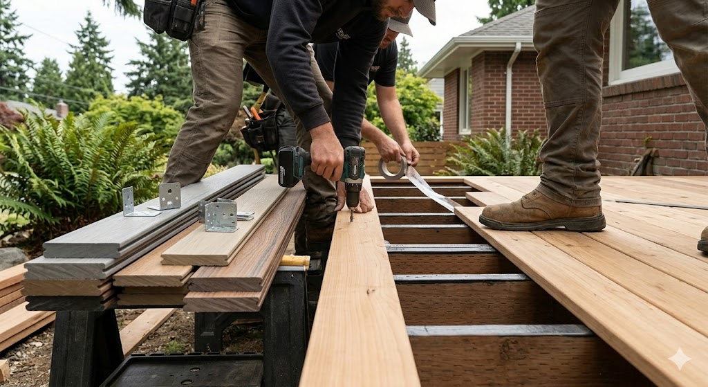 Close-up of two professional deck contractors in a Seattle backyard, carefully installing a natural cedar wood plank alongside stacked composite decking material samples.